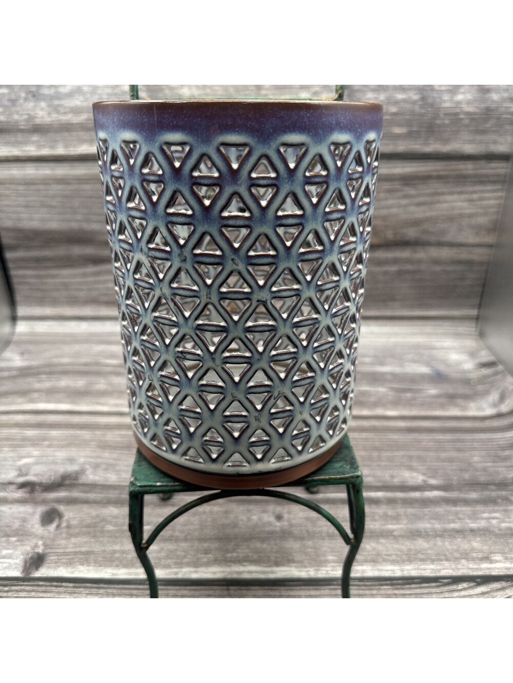 Yankee Candle Blue Glazed Lattice Hurricane Candle Holder. NWOT